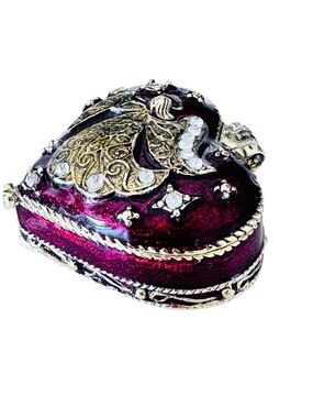 Monet Enamel Heart Shaped Trinket Box Featuring a Gold Tone Angel Motif